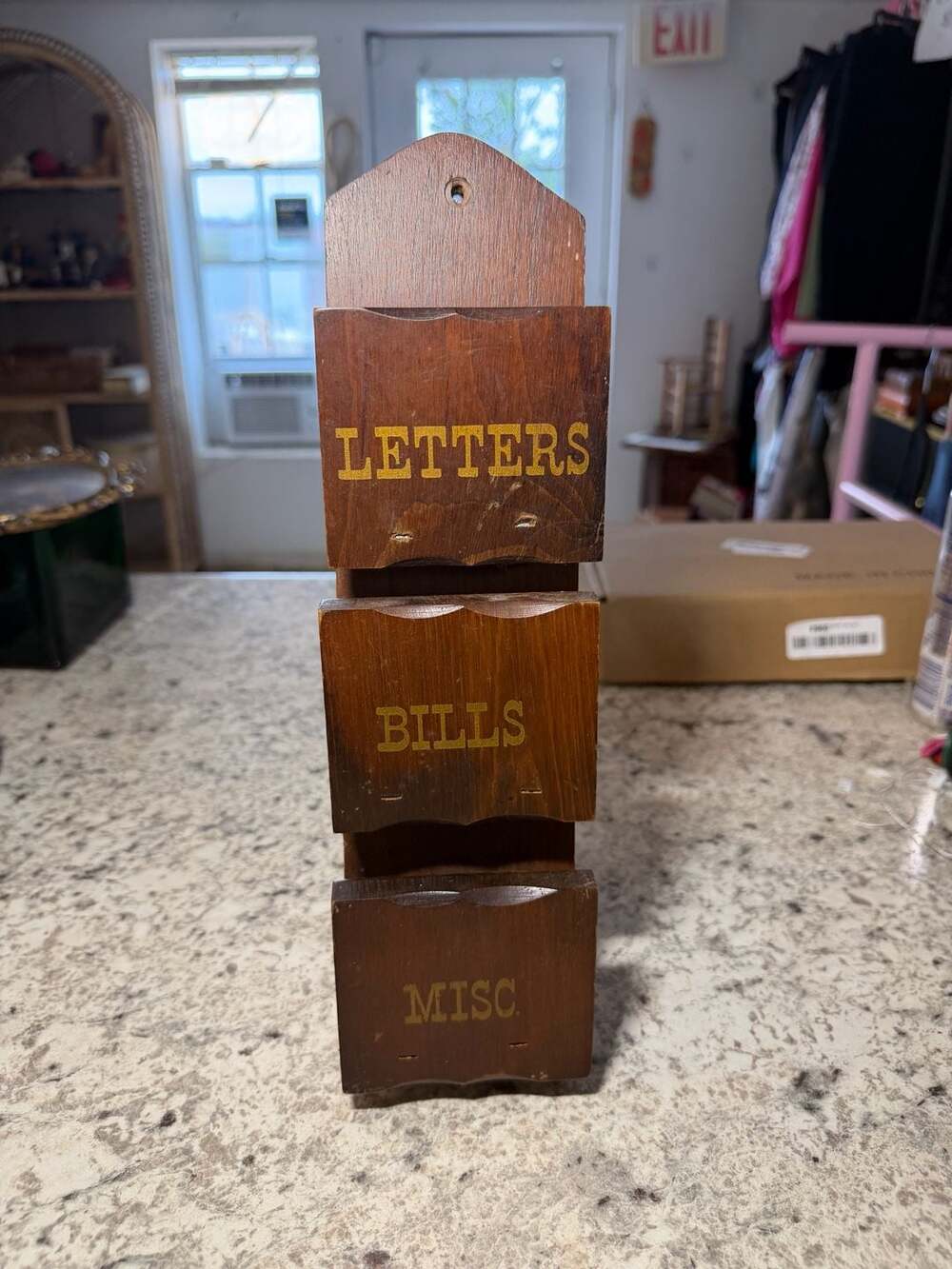 Vtg Wood 3 Slot Wall Sorter LETTERS BILLS MISC Hanging Rack Solid Wood Key Hooks
